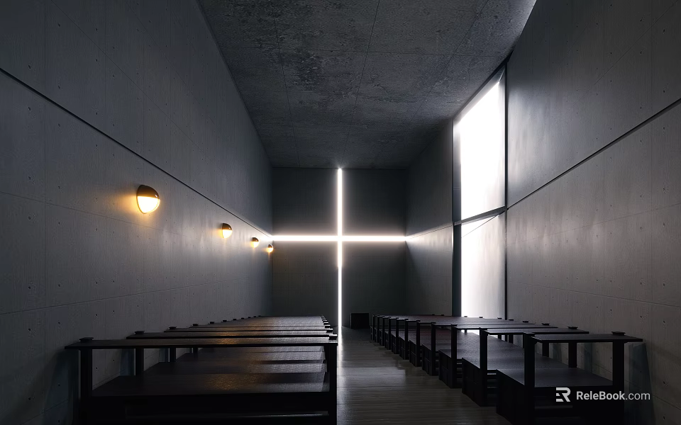 Religious Interior With Gray Concrete Walls Benches Cross Shaped Light Beam And Wall Lamps Illuminating 3d model 