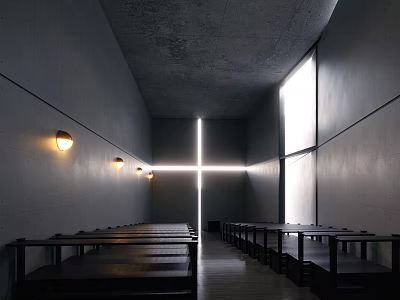Religious Interior With Gray Concrete Walls Benches Cross Shaped Light Beam And Wall Lamps Illuminating 3d model