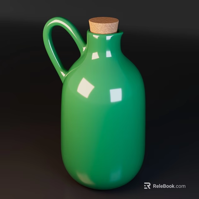 Glossy Green Ceramic Wine Bottle With Cork Stopper And Handle On Dark Background 3d model 
