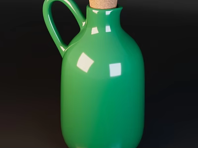 Glossy Green Ceramic Wine Bottle With Cork Stopper And Handle On Dark Background 3d model