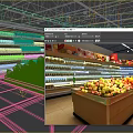 Supermarket Grocery Well Organized Fresh Fruits Display with Shelves and Products