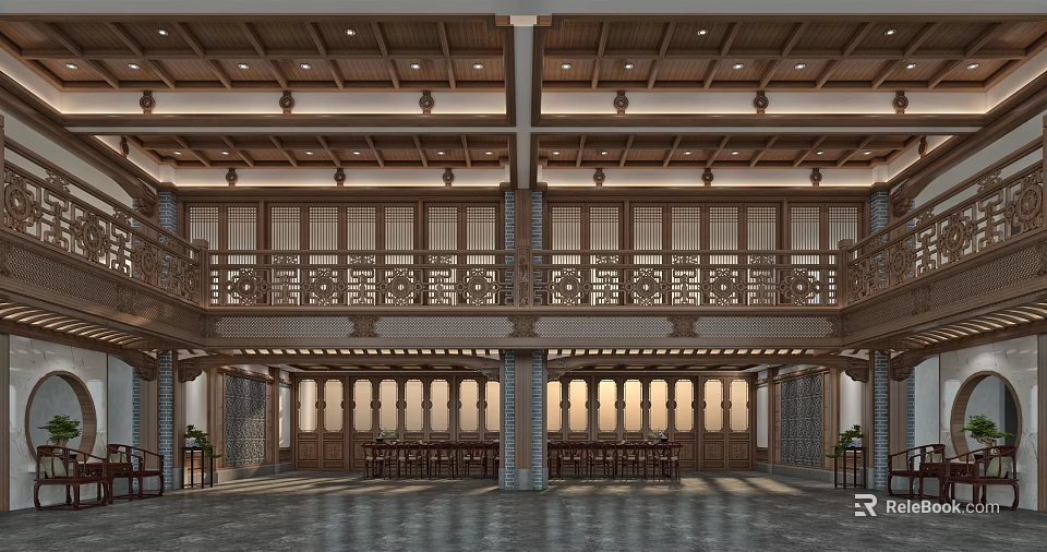 Traditional Chinese Style Hall Interior With Wooden Railings Two Story Structure And Decorative Windows 3d model 
