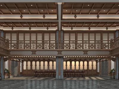 Traditional Chinese Style Hall Interior With Wooden Railings Two Story Structure And Decorative Windows 3d model