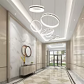 Modern Elevator Lobby With Marble Walls Circular Pendant Lights And Patterned Floor Tiles 3d model