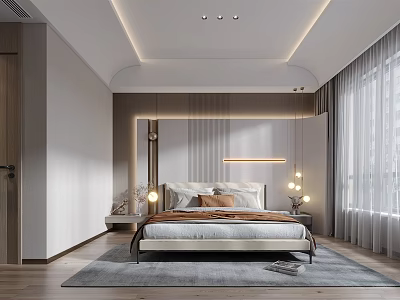 Modern Bedroom Interior Design With Bed Wooden Headboard Pendant Lights And Curtains 3d model
