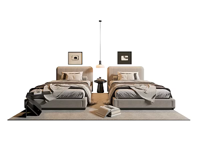 Modern Single Beds Bedroom With Lighting Side Tables And Art 3d model