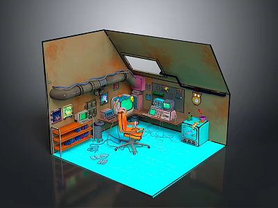 Rusted Walls Interior Scene With Blue Floor Orange Chair Shelves Pipes And Equipment Screens 3d model