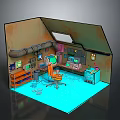 Rusted Walls Interior Scene With Blue Floor Orange Chair Shelves Pipes And Equipment Screens