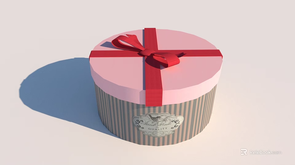 Round Gift Box With Pink Top Gray Striped Sides Red Bow And Label 3d model