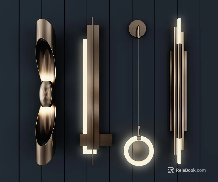 Modern Metal Wall Lamps With Illuminated Stripes And Circular Designs On Dark Wooden Background 3d model 