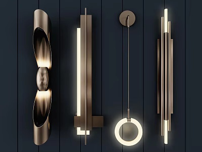 Modern Metal Wall Lamps With Illuminated Stripes And Circular Designs On Dark Wooden Background 3d model