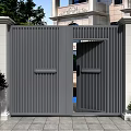 Modern Sleek Gate With Vertical Slats Aluminum Frame And Side Greenery
