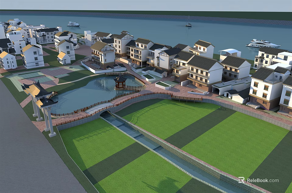 Residential Community With Houses Green Lawns Water And Bridge 3d model 