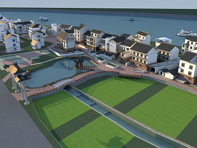 Residential Community With Houses Green Lawns Water And Bridge 3d model