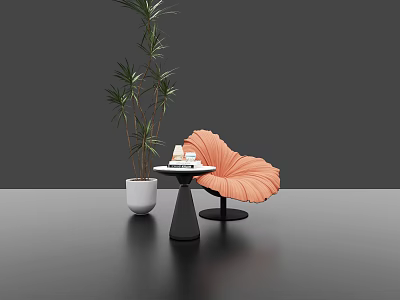 Modern Table and Chair Set With Fan Shaped Orange Chair Small Round Table and Plant 3d model