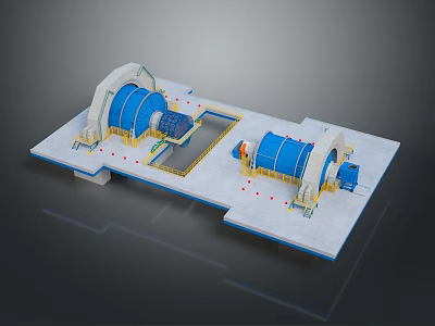 Large Blue Cylindrical Industrial Equipment On Concrete Platform With Metal Supports 3d model