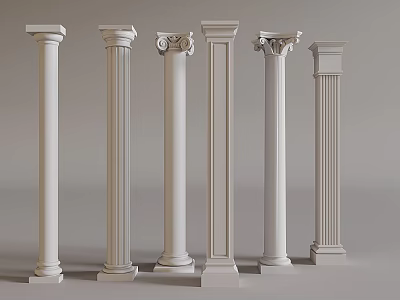 White Columns In Various Architectural Styles With Decorative Capitals And Bases 3d model