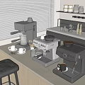 Kitchen Appliances Including Coffee Machines On Countertop With Bar Stool And Window Blinds
