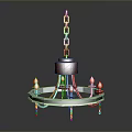 Ornate Chandelier With Wooden Base Metal Chain And Orange Flame Lights
