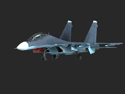 Blue Gray Military Fighter Jet With Twin Vertical Tails And Landing Gear 3d model