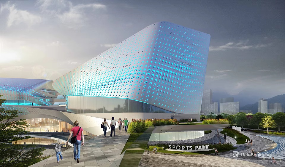 Modern Sports Park Building With Blue Dotted Facade And People Walking 3d model 