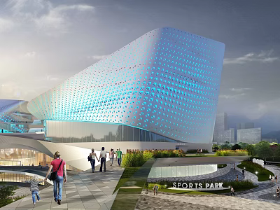 Modern Sports Park Building With Blue Dotted Facade And People Walking 3d model