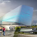 Modern Sports Park Building With Blue Dotted Facade And People Walking