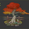 Vibrant Tree With Red And Orange Leaves Thin Trunk Wooden Fence Stones And Small Flowers