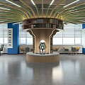 Public Office Space With Glass Partitions Blue Walls Work Desks And Green Plants