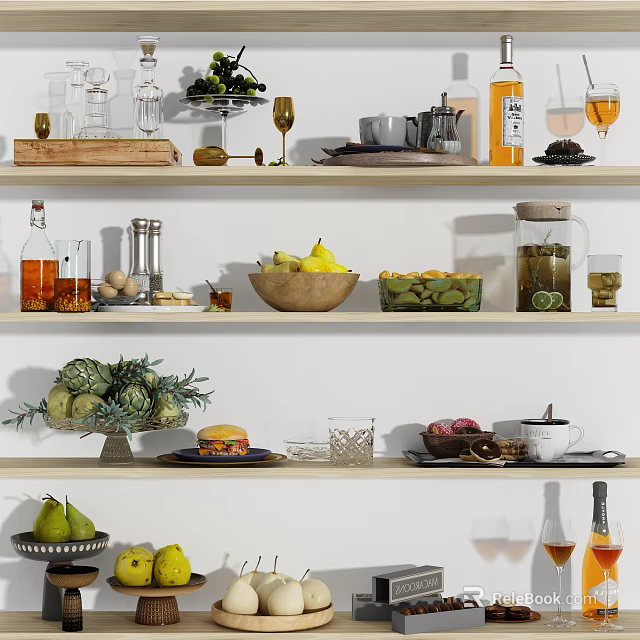 Elegant Modern Kitchen Shelves Display Food Items Fruits Burger Plates Jars And Glasses 3d model 