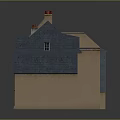 Traditional Building with Gray Roof Red Chimneys Stone Wooden Exterior Arched Doors Windows