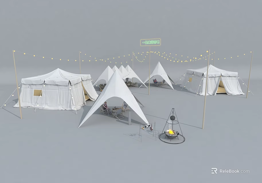 White Camping Tents Setup With String Lights Fire Pit And Tables Chairs 3d model 