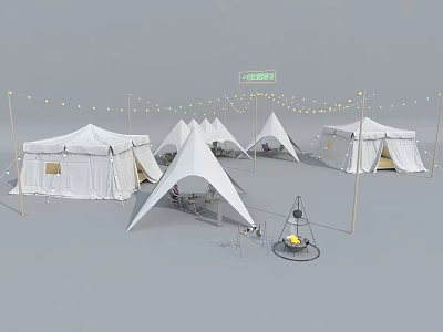 White Camping Tents Setup With String Lights Fire Pit And Tables Chairs 3d model