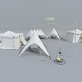 White Camping Tents Setup With String Lights Fire Pit And Tables Chairs