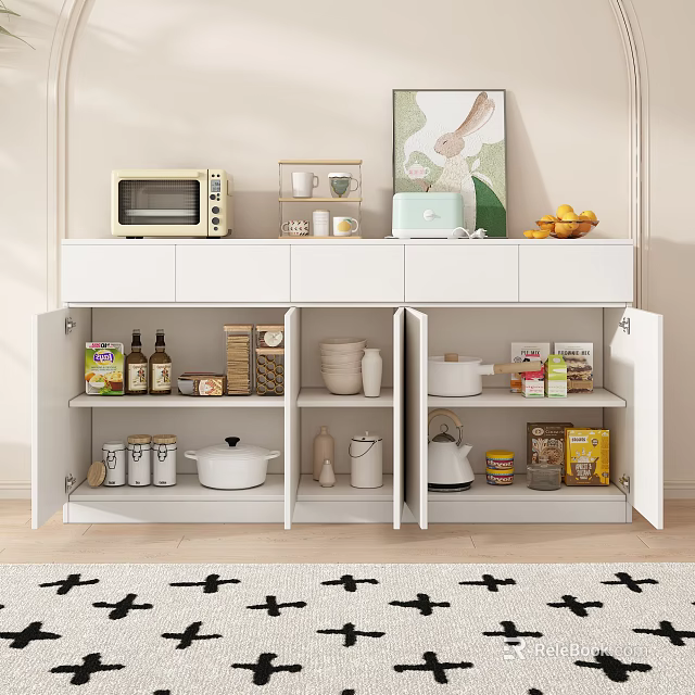 White Kitchen Sideboard With Open Storage Shelves Appliances And Decorative Art 3d model 