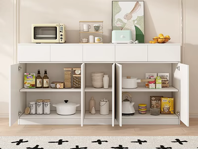 White Kitchen Sideboard With Open Storage Shelves Appliances And Decorative Art 3d model