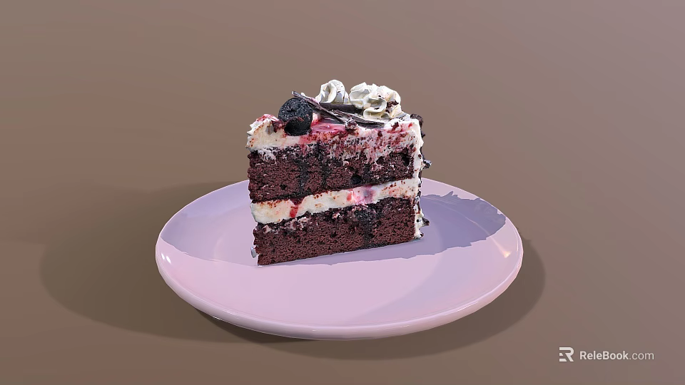 Delicious Layered Chocolate Cake With Whipped Cream And Berries On White Plate 3d model 