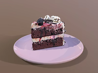 Delicious Layered Chocolate Cake With Whipped Cream And Berries On White Plate 3d model