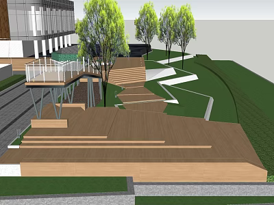 Scenic Waterfront Landscape Design with Wooden Deck Steps and Green Trees 3d model