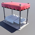 White Outdoor Daybed With Red Canopy Gazebo Style Structure And Stone Base