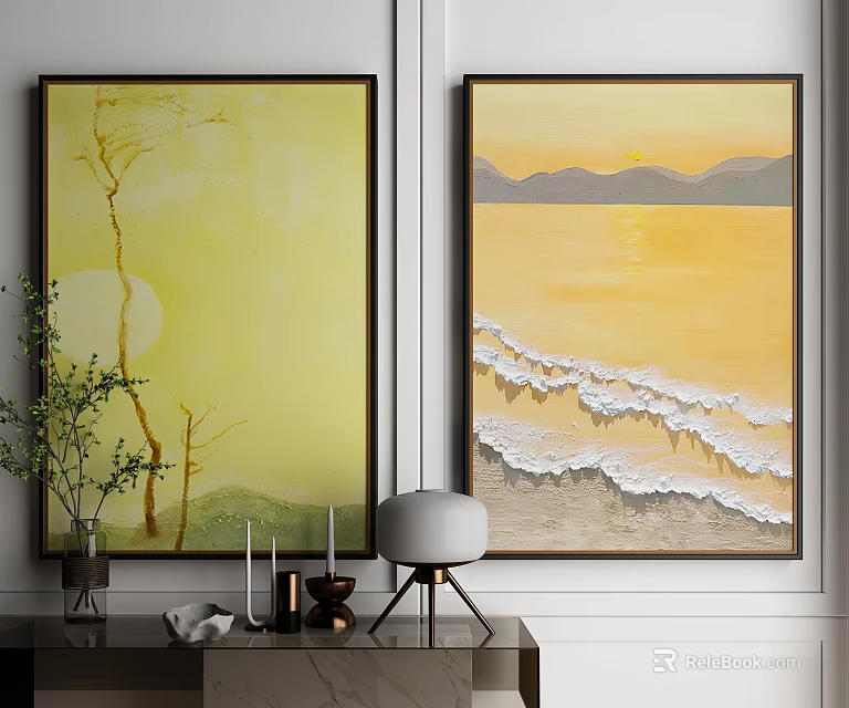 Two Decorative Paintings with Yellow Background Tree Moon Sunset Mountain Waves and Table Decor Items 3d model