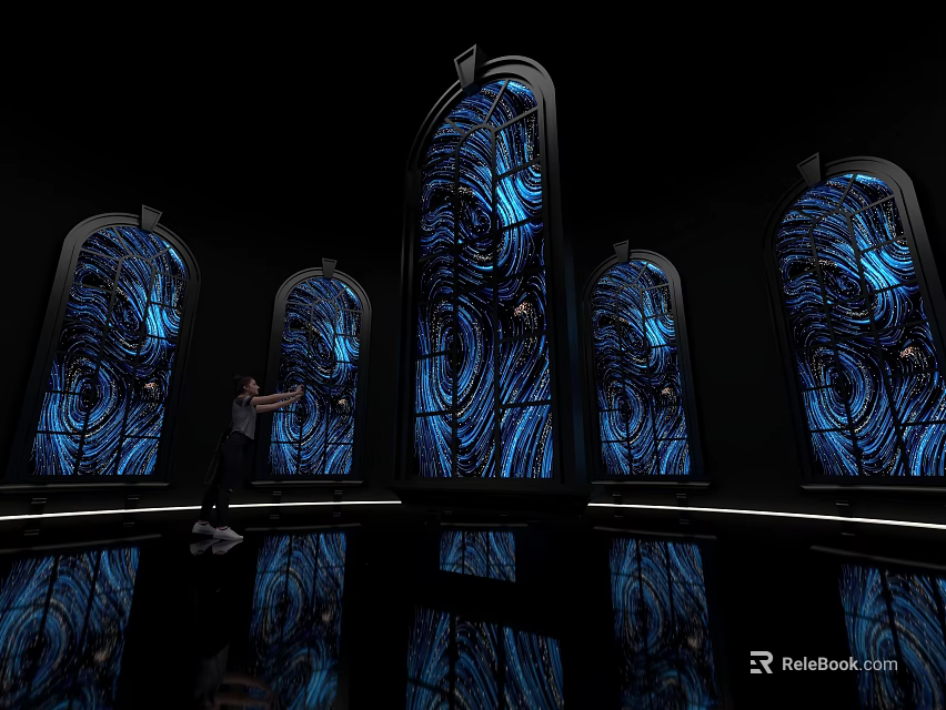 Stunning Museum Interior With Blue Patterned Glass Windows And Reflective Floor Design 3d model 