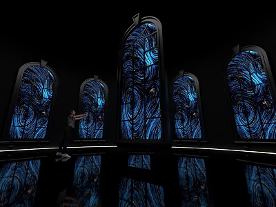 Stunning Museum Interior With Blue Patterned Glass Windows And Reflective Floor Design 3d model