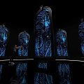 Stunning Museum Interior With Blue Patterned Glass Windows And Reflective Floor Design 3d model