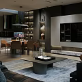 Modern Dark Style Open Plan Living And Dining Room Interior Design With Comfortable Elegant Furnishings