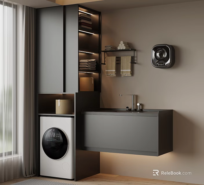 Modern Gray Balcony Cabinet With Washing Machine Sink Faucet And Wall Shelves 3d model 