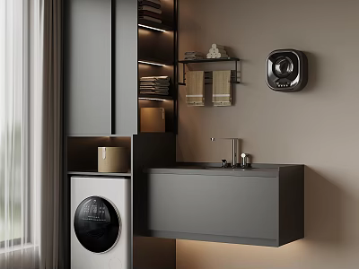 Modern Gray Balcony Cabinet With Washing Machine Sink Faucet And Wall Shelves 3d model