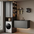 Modern Gray Balcony Cabinet With Washing Machine Sink Faucet And Wall Shelves