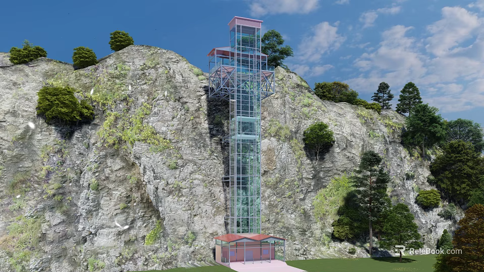 Cliffside Glass Elevator With Red Top Surrounded By Trees Mountain Blue Sky And White Clouds 3d model