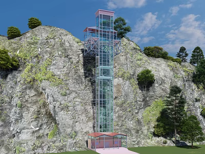 Cliffside Glass Elevator With Red Top Surrounded By Trees Mountain Blue Sky And White Clouds 3d model
